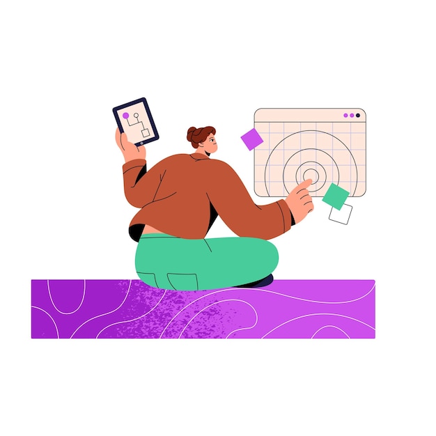 QA testing workflow concept Tester work review information structure Worker checks algorithm digital database Young woman with tablet press on display Flat isolated vector illustration on white