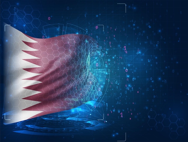 Qatar, vector 3d flag on blue background with hud interfaces