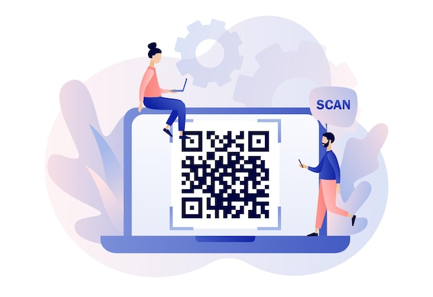 QR Code scanning concept Tiny people scan code using smartphone Modern flat cartoon style Vector
