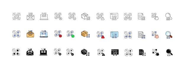 Qrcode icon set Linear flat and silhouette styles Vector icons