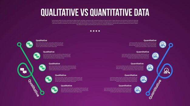 qualitative vs quantitative data infographic outline style with 2 point comparison template with creative slope shape on vertical direction for slide presentation
