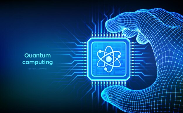 Quantum chip in hand Quantum computing technology Quantum processor with qubit superposition AI Artificial intelligence Highspeed calculations Revolutionary algorithms Vector illustration