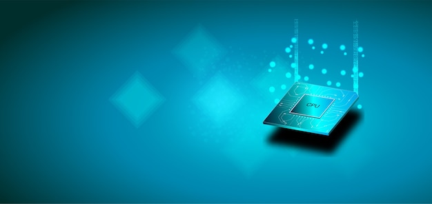 Quantum computer, large data processing, database concept.CPU isometric banner.