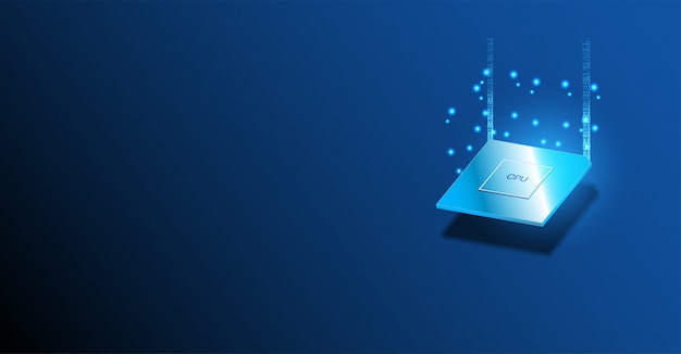 Quantum computer, large data processing, database concept.CPU isometric . Central Computer Processors CPU concept.Digital chip Futuristic microchip processor with lights on the blue background.