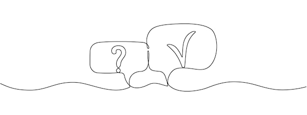 Question mark and check marks in speech bubbles in one continuous line Survey game concept cancel icons or clarification confirmation question in simple linear style Vector editable illustration