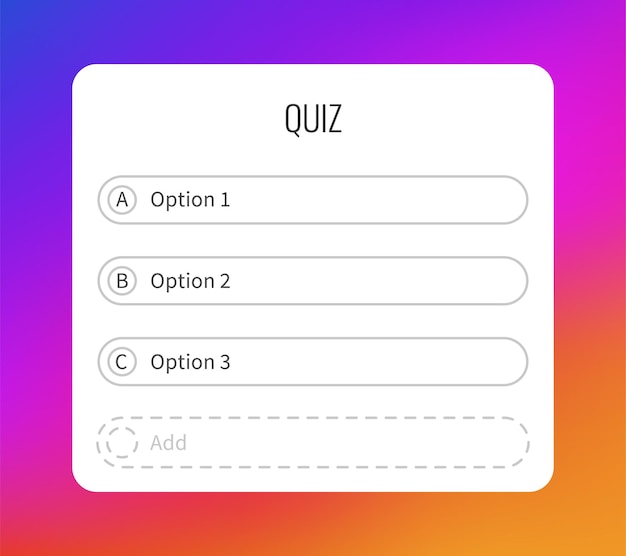 Question sticker for typing answers. Quiz option interface social media mockup, select and guess buttons, white frame on bright gradient background, windows with empty lines web design vector template
