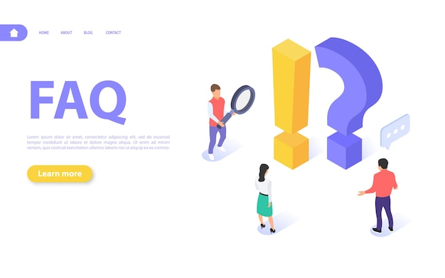 Questions and answers concept. Men and women are looking for answers to frequently asked questions. Online support and successful problem solving. Flat vector isometric illustration.