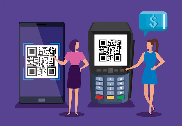 Quét mã qr điện thoại thông minh và điện thoại dữ liệu với thiết kế minh họa vector phụ nữ kinh doanh