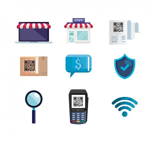 Quét mã qr với thiết kế minh họa vector bộ biểu tượng