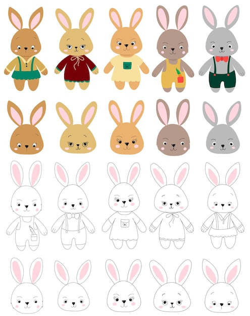 Rabbits cartoon set in flat style isolated vector