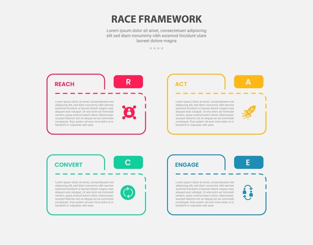 RACE framework infographic outline style with 4 point template with box table folder shape for slide presentation