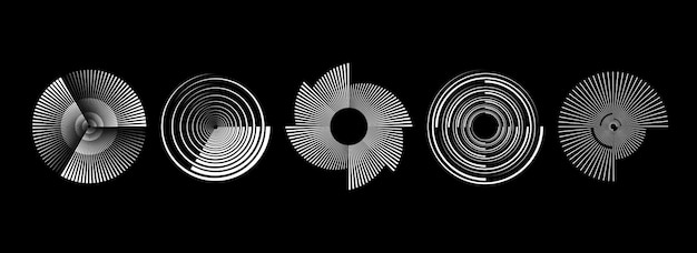 Radial abstract spiral pattern set Rotating circle sound wave concepts Circular speed line form co