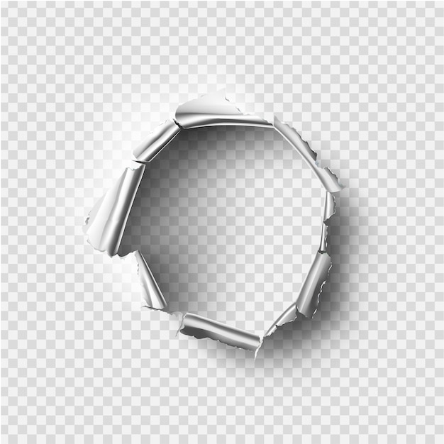 ragged hole torn in ripped metal on transparent background