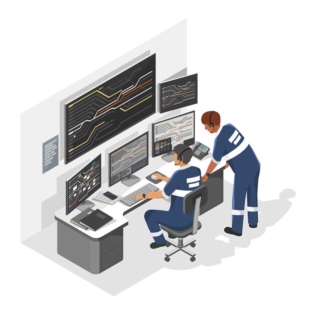 railway traffic controller system room engineer working job on monitors to manage railway and track