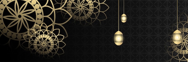 Ramadan Kareem banner background. Lantern, moon and abstract luxury islamic pattern elements background. Vector abstract graphic design banner pattern background template.