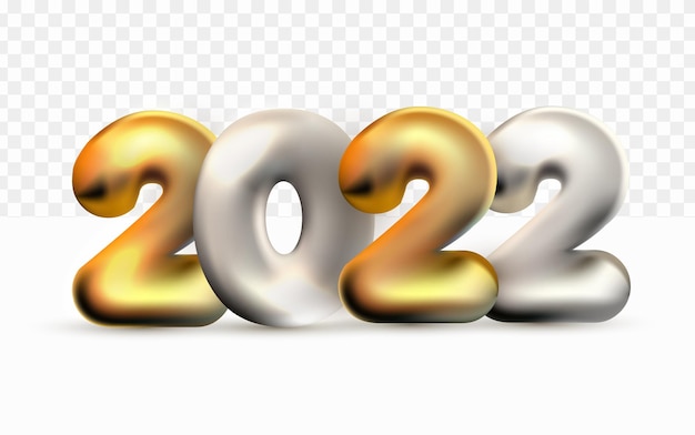 Realistic 2022 happy new year gold silver balloon 3d on white transparent background