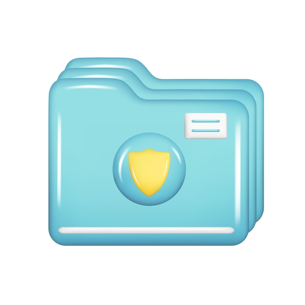 Realistic 3d blue folder with shield icon. Decorative 3d user management, closed file element, web protected symbol, security icon, archive sign. Vector illustration isolated on white background