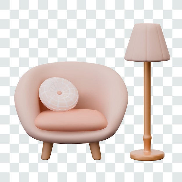 Realistic armchair with round cushion floor lamp Set of isolated vector elements in vintage style