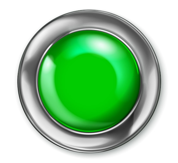Realistic big green plastic button with shiny metallic border With shadow on white background
