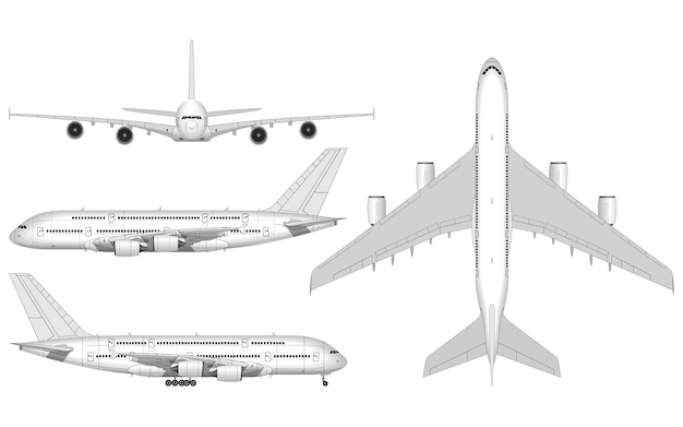 Realistic big passenger airplane. view from above; front view; side view.