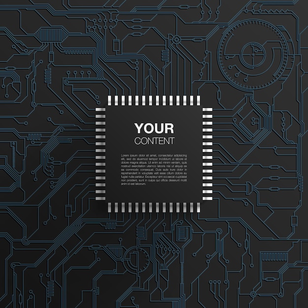Realistic black microchip on detailed printed circuit board design