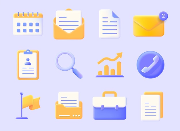 Realistic business icons 3D calendar document form Contact papers Mail message Envelope or call plastic sign collection Isolated magnifier and note folders Computer interface vector elements set