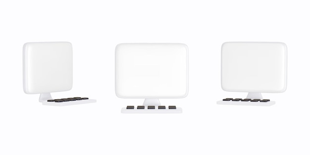 Realistic cartoon computer with keyboard mockup Perspective computer monitor mock up different angles views Collection mockups of 3d realistic computers Template for presentation Vector