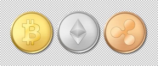 Realistic  crypto currency coin icon set. Bitcoin, Etherium, Ripple. Blockchain technology. Closeup  on transparency grid background.  template for graphics. Top view