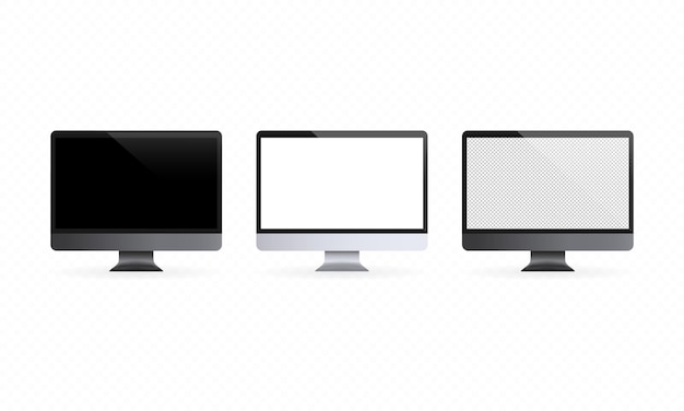 Realistic desktop computer with blank display. PC in front and side view. In black, silver and space gray color. Vector on isolated transparent background. EPS 10.