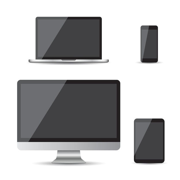 Realistic device flat Icons smartphone tablet laptop and desktop computer Vector illustration on white background
