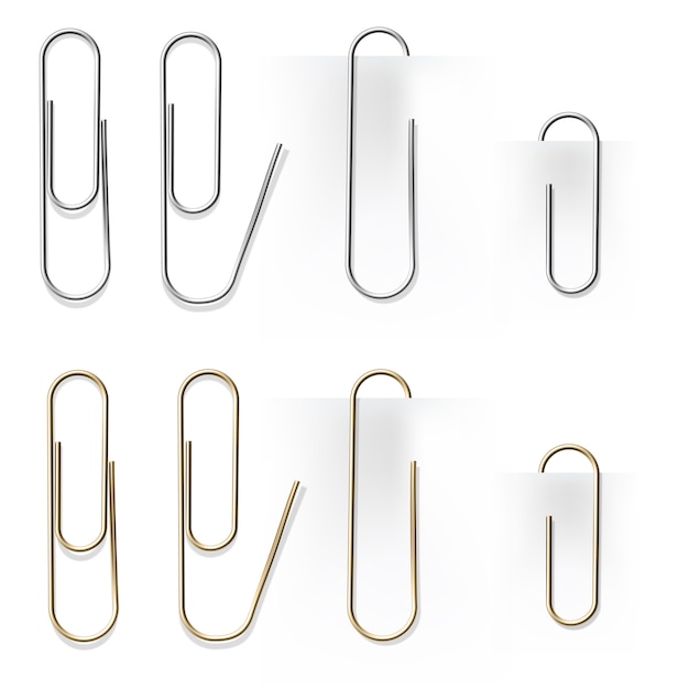 Realistic metal paper clips  set. Vector set.  Stationery paperclip accessory