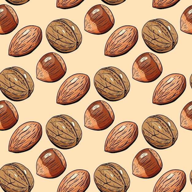 Realistic nut seamless pattern with almond and walnut