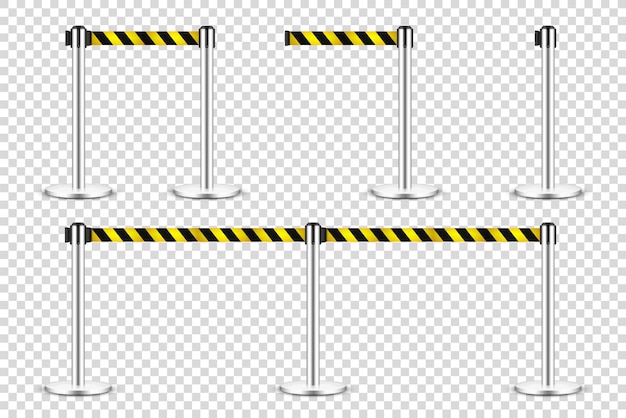 Realistic retractable belt stanchion on transparent background crowd control barrier posts with