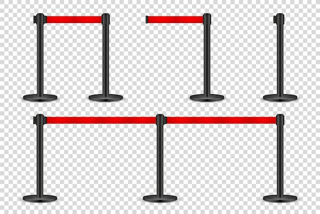 Realistic retractable belt stanchion on transparent background crowd control barrier posts with
