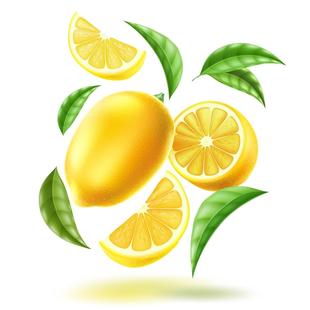 realistic whole lemon half and slices with leaves in swirl motion Citrus fruits