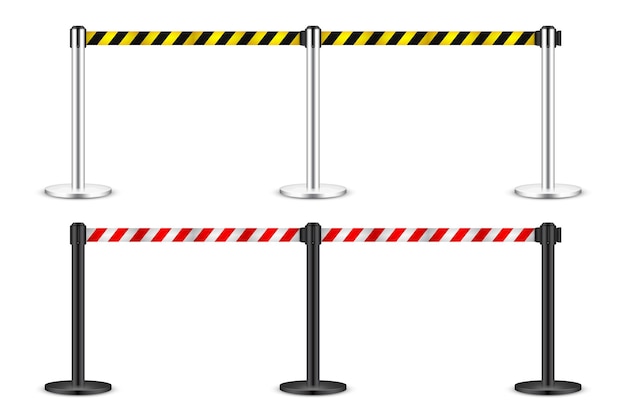 Realistic yellow and red retractable belt stanchion crowd control barrier posts with caution strap