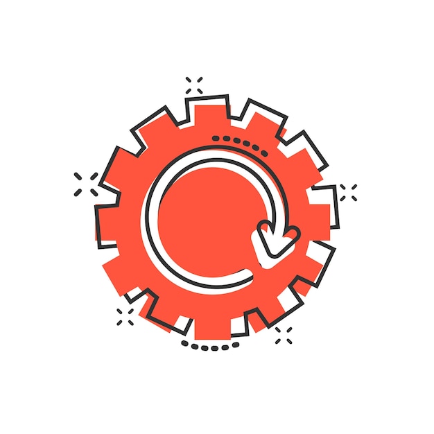 Recovery gear icon in comic style Repeat cartoon vector illustration on white isolated background Rotation splash effect business concept