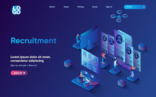 Recruitment concept isometric landing page HR managers review resumes and select candidates