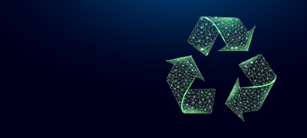Recycling sign glowing blue lowpoly wireframe on a dark background