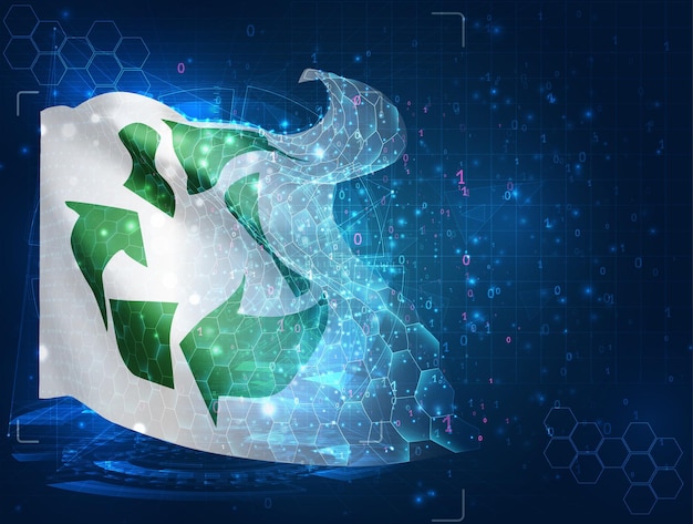 Recycling vector flag virtual abstract 3D object from triangular polygons on a blue background