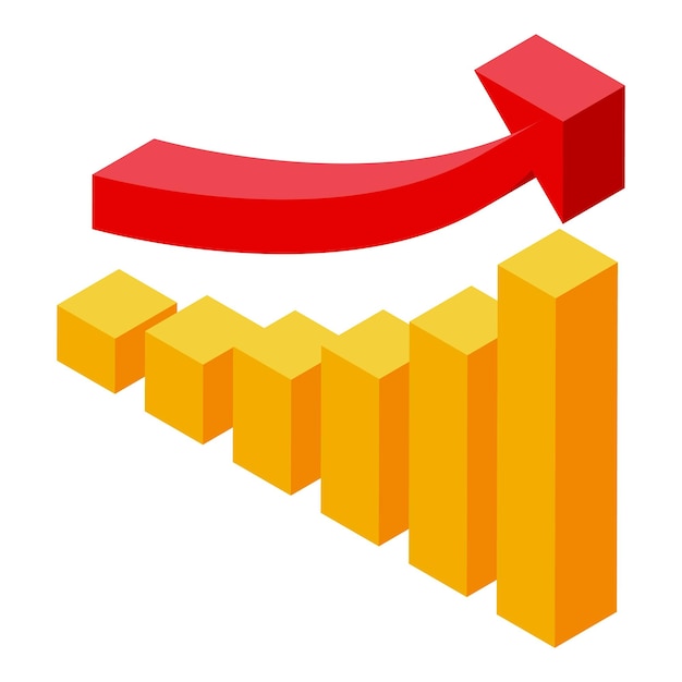 Red arrow growing over yellow chart bars isometric illustration