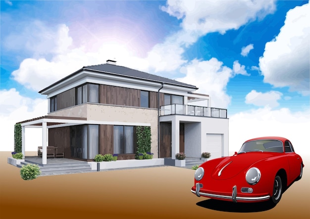 red car parked in front of a modern suburban house representing real estate investment wealth and luxury lifestyle hand drawn illustration