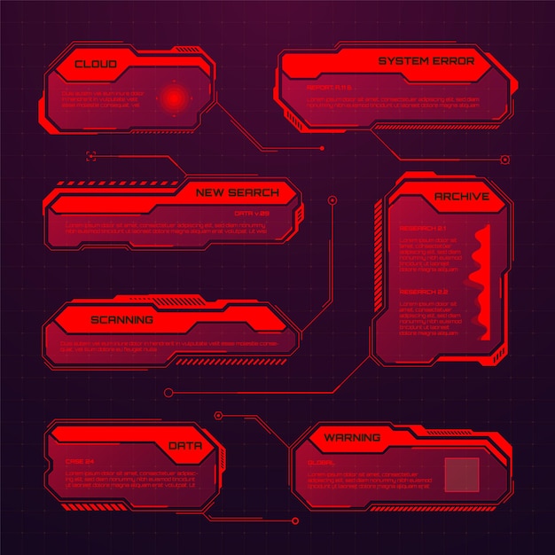 Red futuristic hud or ui elements scifi user interface text boxes callouts warning message frames