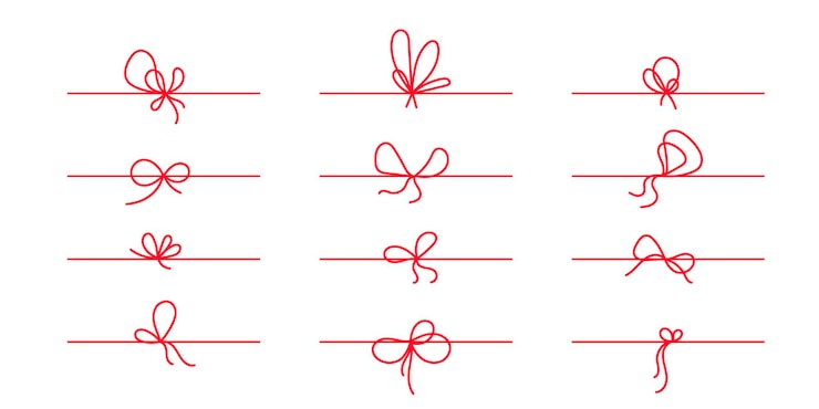 Vector red line bows on ribbon for gift decoration string with rope knots in doodle style simple thin line