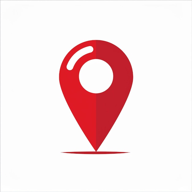 red pin with a white logo and a red dot