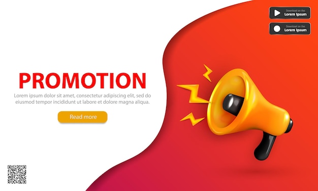 Red promotion banner with 3d yellow realistic loudspeaker, bullhorn, loudhailer, megaphone