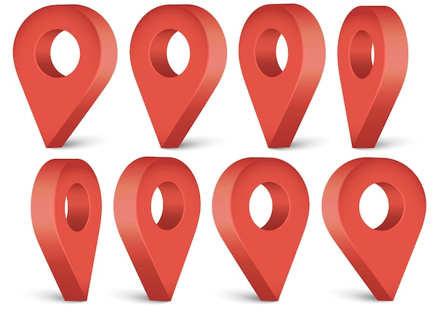 Red realistic map pointer Location symbols vector set isolated on white background Web location point pointer 3d arrow mark Vector illustration