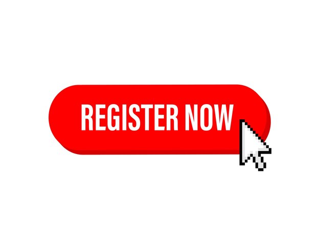 Red register now label in modern style on white