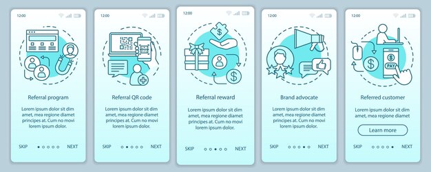 Referral marketing tools onboarding mobile app page screen with linear concepts. Five Steps graphic instructions. Customer attraction, retention. UX, UI, GUI vector template with illustrations