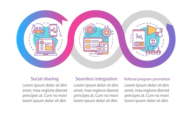 Referral program key items vector infographic template. Business presentation design elements. Data visualization with five steps and options. Process timeline chart. Workflow layout with linear icons